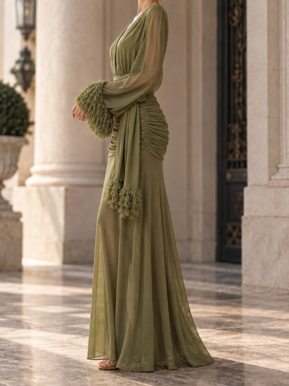Green Elegant Women's Deep V-Neck Ruched Waist Maxi Dress - Picture 3 of 5